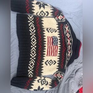Polo by Ralph Lauren Navy Wool Hand-Knit Sweater with Cream & Red Details